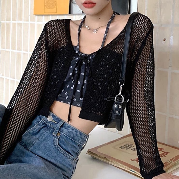 ブラック | メッシュニットカーディガン 春 夏 | SHEENA 