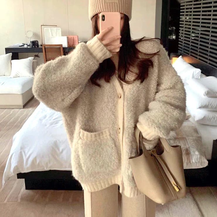 もこもこボアニットカーディガン 秋 冬[品番：SHNW0011629]｜SHEENA