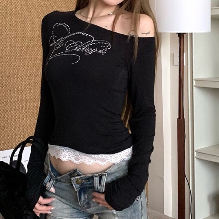 ラインストーンロゴワンショルトップス ロンT 秋 | SHEENA  | 詳細画像3 