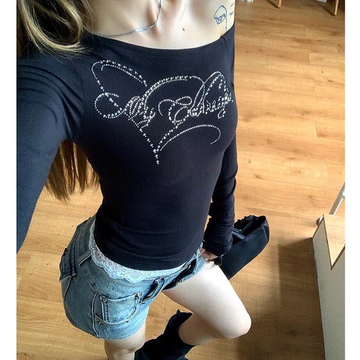 ラインストーンロゴワンショルトップス ロンT 秋 | SHEENA  | 詳細画像9 