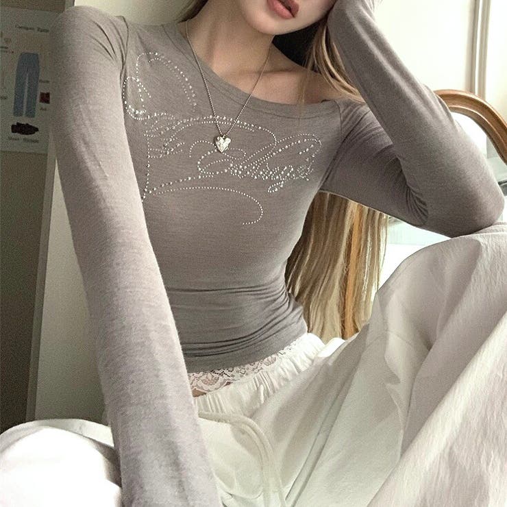 グレー | ラインストーンロゴワンショルトップス ロンT 秋 | SHEENA 