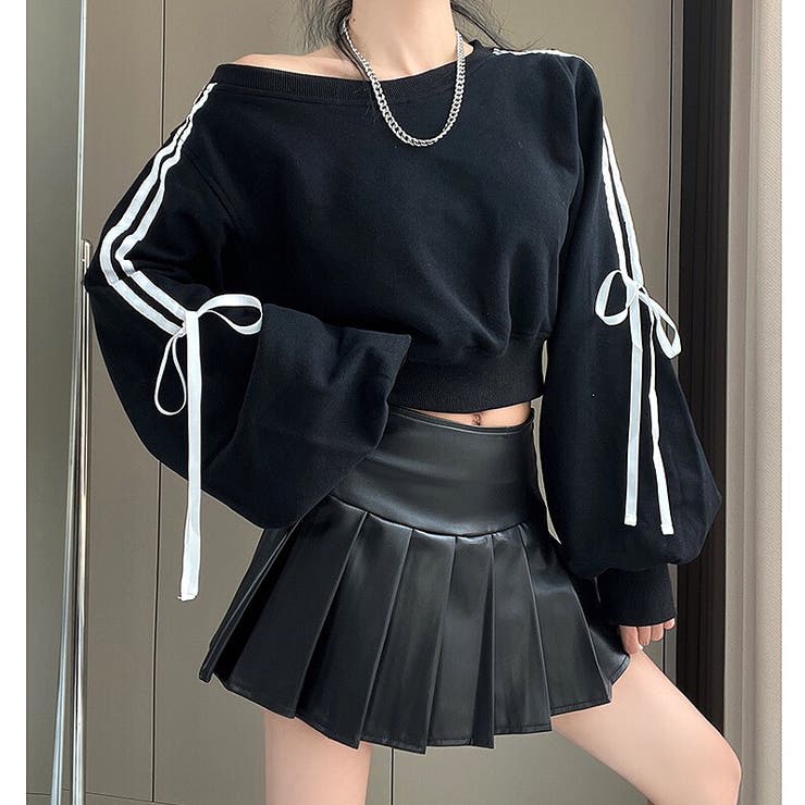 ブラック | サイドリボンラインワイドネックスウェットトレーナー 秋 冬 | SHEENA 