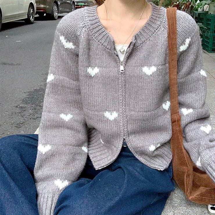 ハート柄ダブルジップニットトップス 秋 冬[品番：SHNW0011977