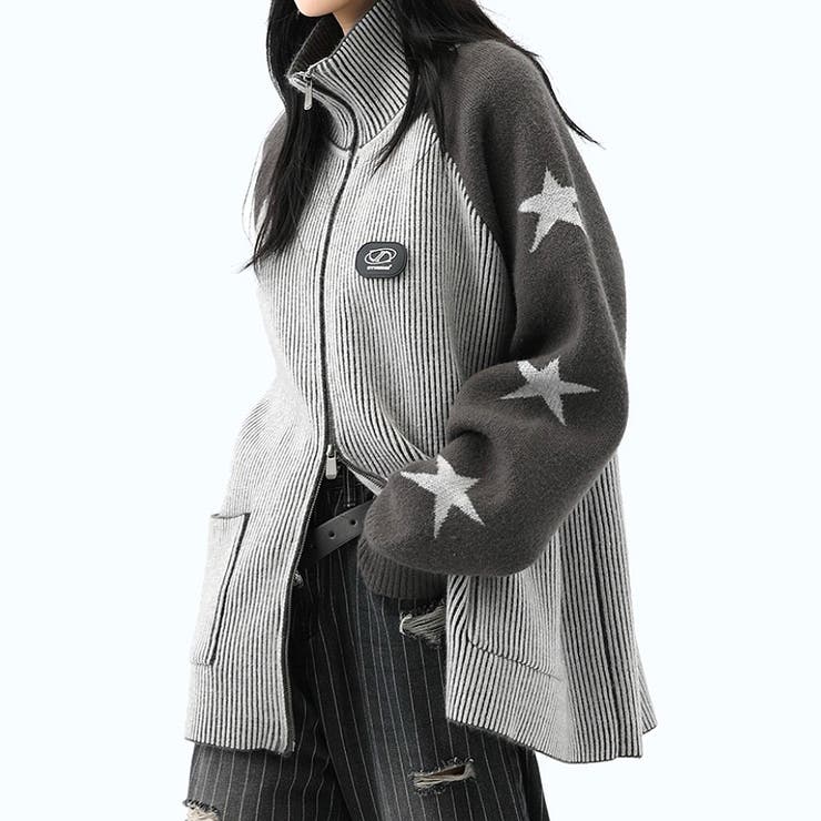 星柄配色スリーブダブルジップニットトップス 秋 冬[品番：SHNW0012076