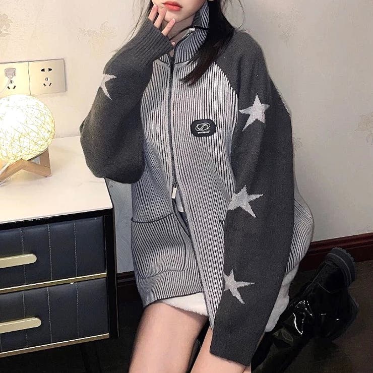 星柄配色スリーブダブルジップニットトップス 秋 冬[品番：SHNW0012076