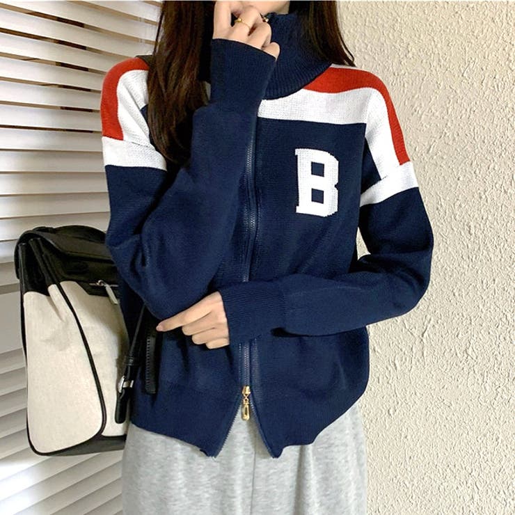 ワンポイントロゴ配色ニットトラックジャケット 秋 冬[品番  