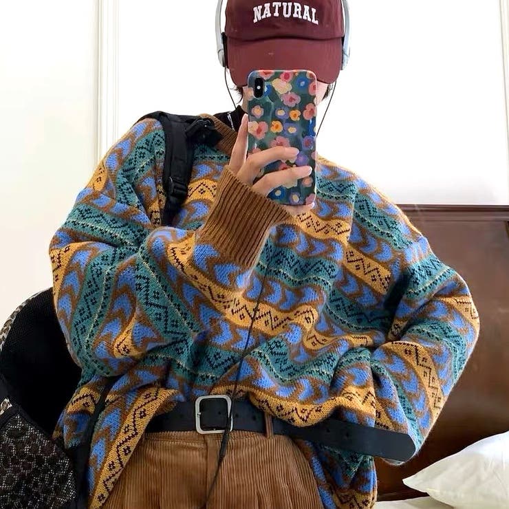 ノルディック柄ヘンリーネックオーバーサイズニット 秋 冬[品番