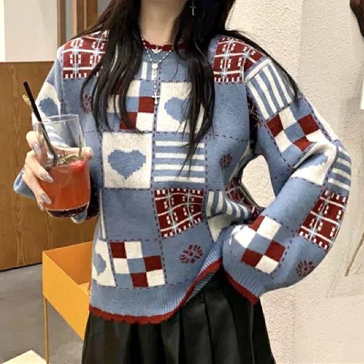 パッチワーク風ハート柄ニットプルオーバー 秋 冬[品番