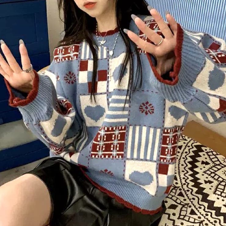 パッチワーク風ハート柄ニットプルオーバー 秋 冬[品番：SHNW0012139