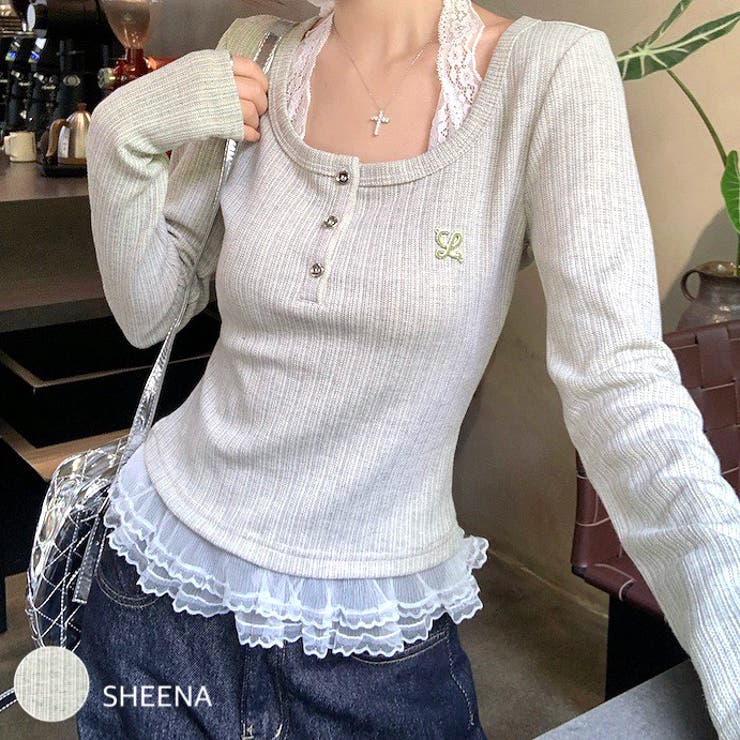 レースドッキングヘンリーネックリブトップス 春 秋 | SHEENA  | 詳細画像1 