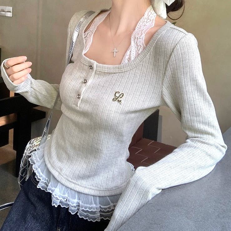 レースドッキングヘンリーネックリブトップス 春 秋 | SHEENA  | 詳細画像10 