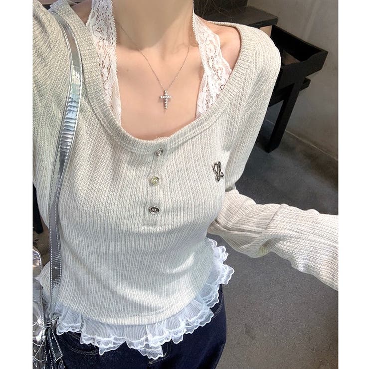 レースドッキングヘンリーネックリブトップス 春 秋 | SHEENA  | 詳細画像12 