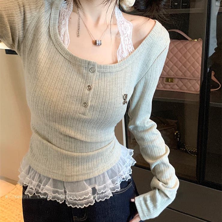 レースドッキングヘンリーネックリブトップス 春 秋 | SHEENA  | 詳細画像17 