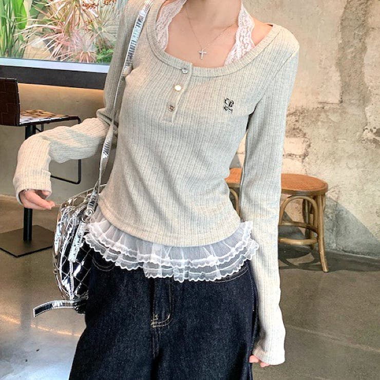 レースドッキングヘンリーネックリブトップス 春 秋 | SHEENA  | 詳細画像2 