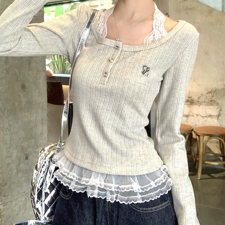 レースドッキングヘンリーネックリブトップス 春 秋 | SHEENA  | 詳細画像5 