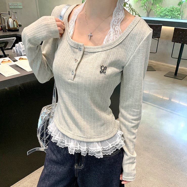 レースドッキングヘンリーネックリブトップス 春 秋 | SHEENA  | 詳細画像7 