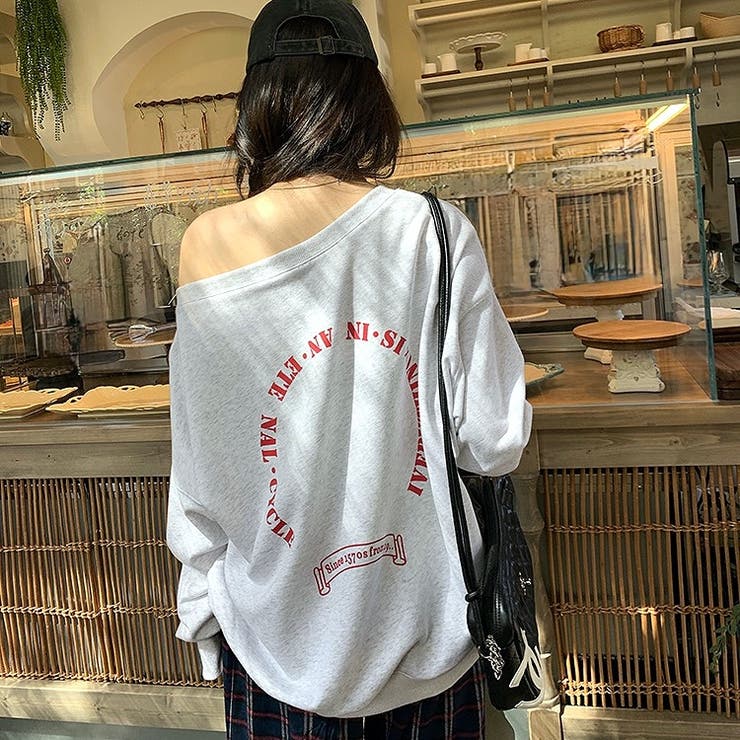 ライトグレー | バックサークルロゴプリントオフショルダースウェットトレーナー 春 秋 | SHEENA 