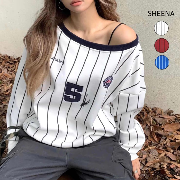ピンストライプワンショルダーゲームシャツトレーナー 春 秋 | SHEENA  | 詳細画像1 
