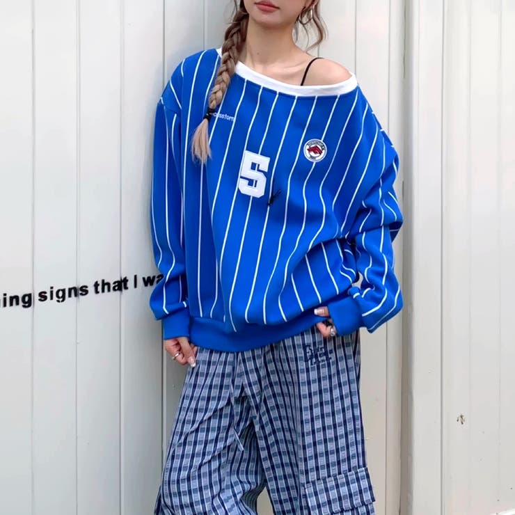 ピンストライプワンショルダーゲームシャツトレーナー 春 秋 | SHEENA  | 詳細画像10 