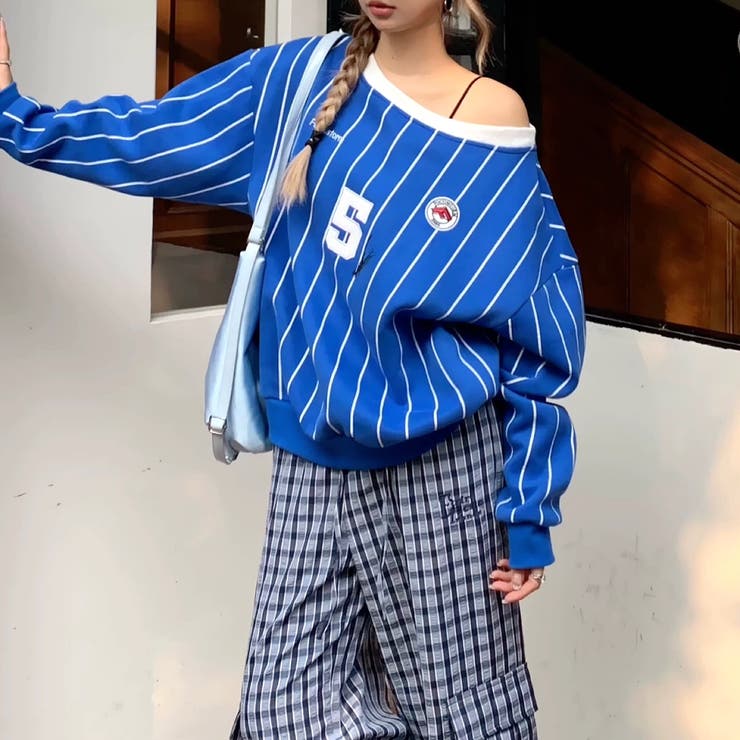 ピンストライプワンショルダーゲームシャツトレーナー 春 秋 | SHEENA  | 詳細画像13 