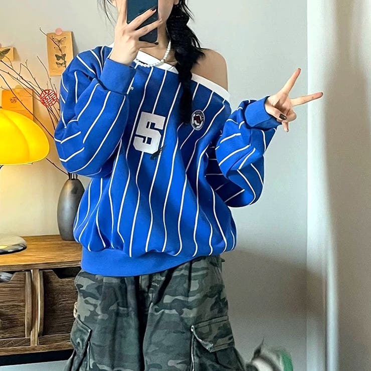 ピンストライプワンショルダーゲームシャツトレーナー 春 秋 | SHEENA  | 詳細画像17 