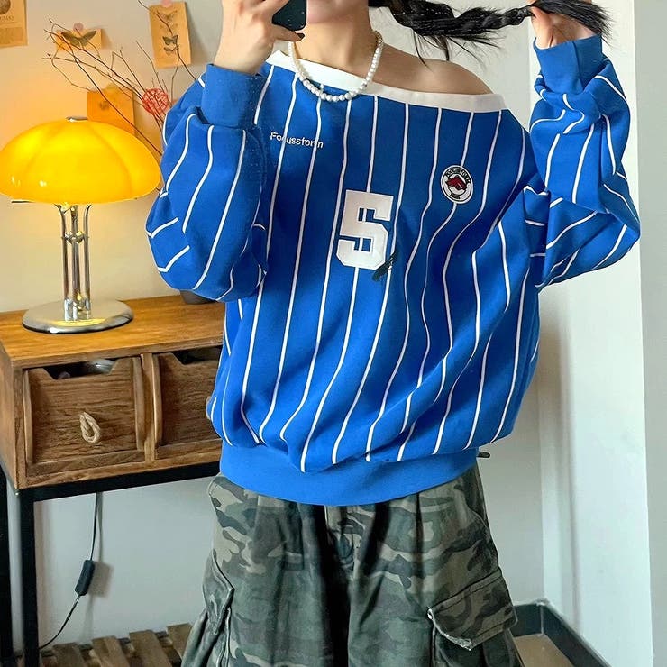 ピンストライプワンショルダーゲームシャツトレーナー 春 秋 | SHEENA  | 詳細画像19 