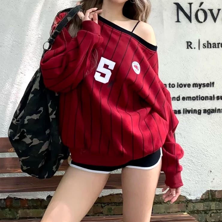 ピンストライプワンショルダーゲームシャツトレーナー 春 秋 | SHEENA  | 詳細画像21 