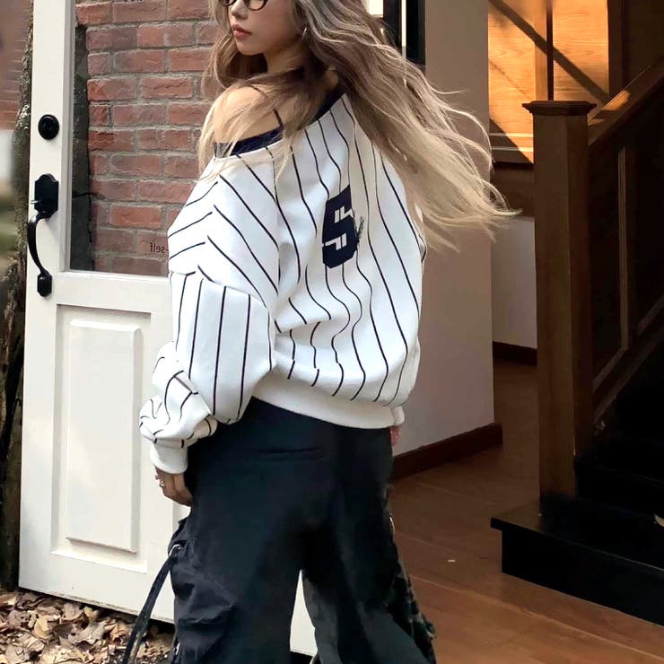 ピンストライプワンショルダーゲームシャツトレーナー 春 秋 | SHEENA  | 詳細画像5 