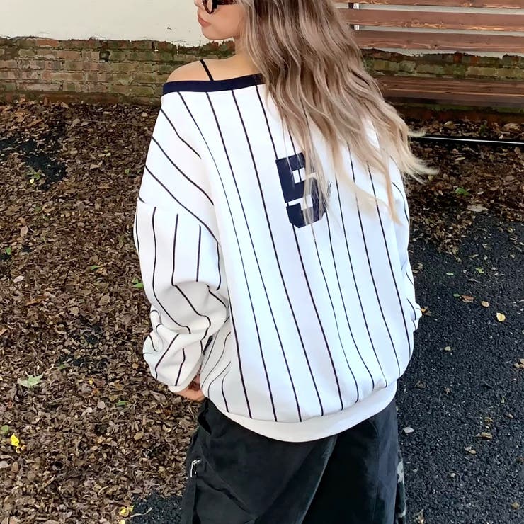 ピンストライプワンショルダーゲームシャツトレーナー 春 秋 | SHEENA  | 詳細画像6 