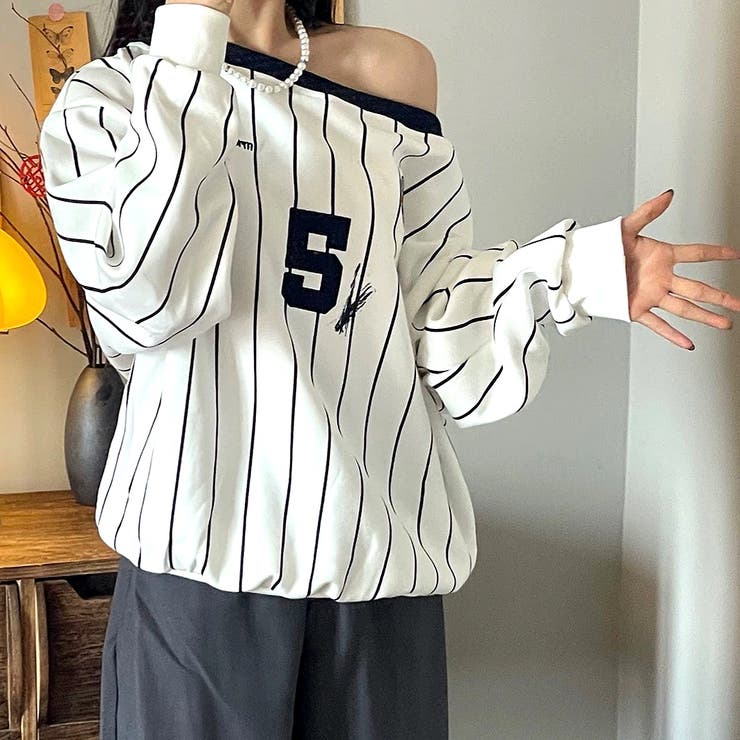 ピンストライプワンショルダーゲームシャツトレーナー 春 秋 | SHEENA  | 詳細画像7 