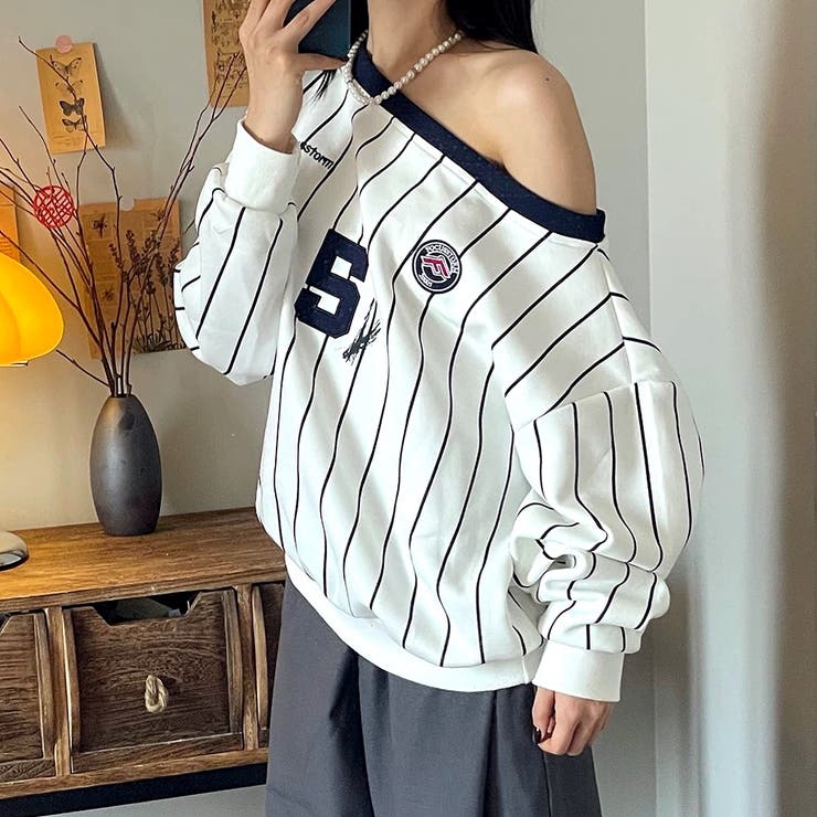 ピンストライプワンショルダーゲームシャツトレーナー 春 秋 | SHEENA  | 詳細画像9 