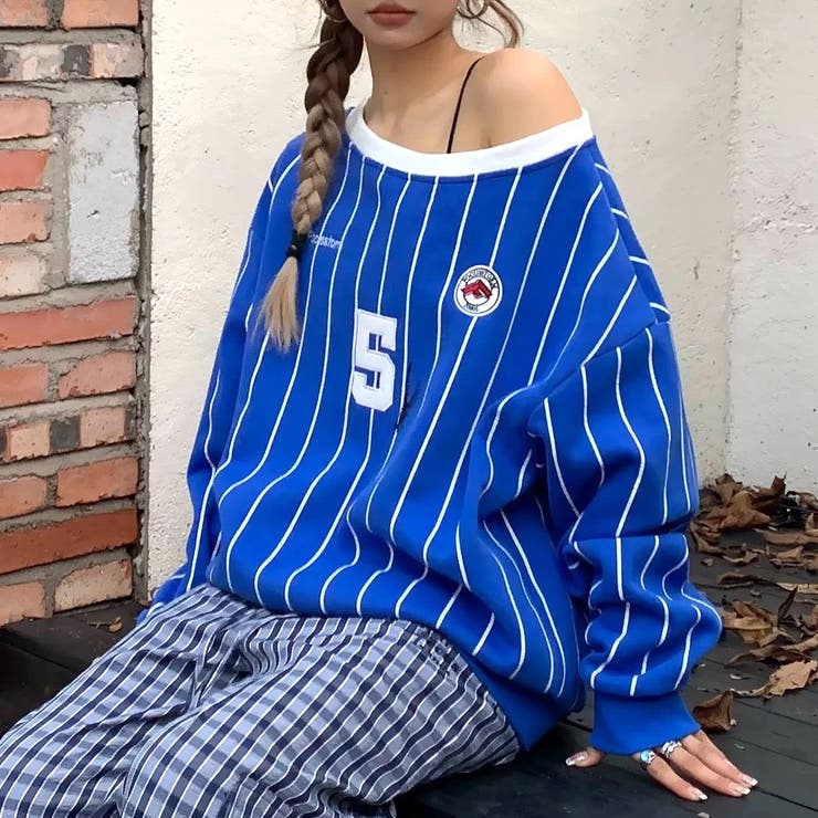 ブルー | ピンストライプワンショルダーゲームシャツトレーナー 春 秋 | SHEENA 