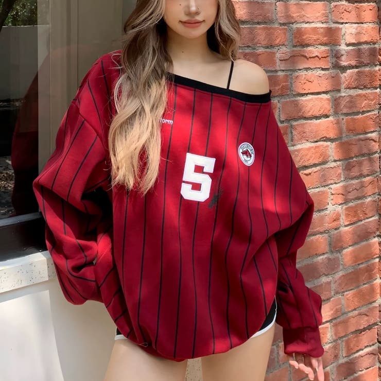 ダークレッド | ピンストライプワンショルダーゲームシャツトレーナー 春 秋 | SHEENA 