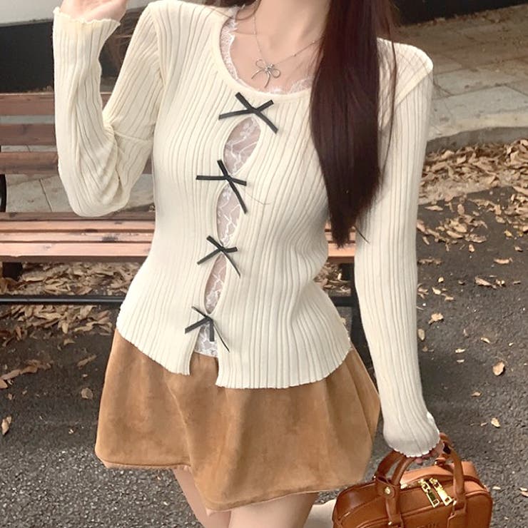 レースレイヤードリボンリブニットトップス 春 秋 | SHEENA  | 詳細画像33 