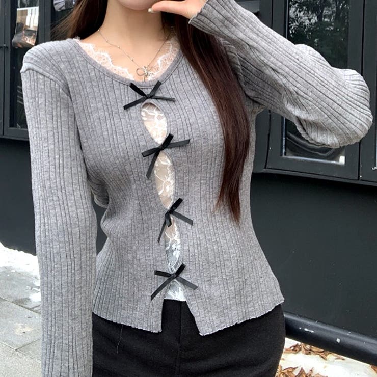 グレー | レースレイヤードリボンリブニットトップス 春 秋 | SHEENA 