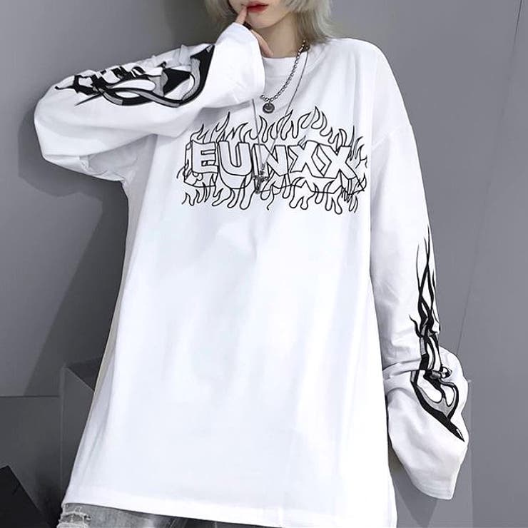 ファイヤーロゴプリントオーバーサイズロンT/長袖Tシャツ[品番 ファイヤーロゴプリントオーバーサイズロンT/長袖Tシャツ[品番