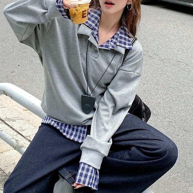 チェックシャツレイヤードデザインポロ襟トップス[品番：SHNW0012323