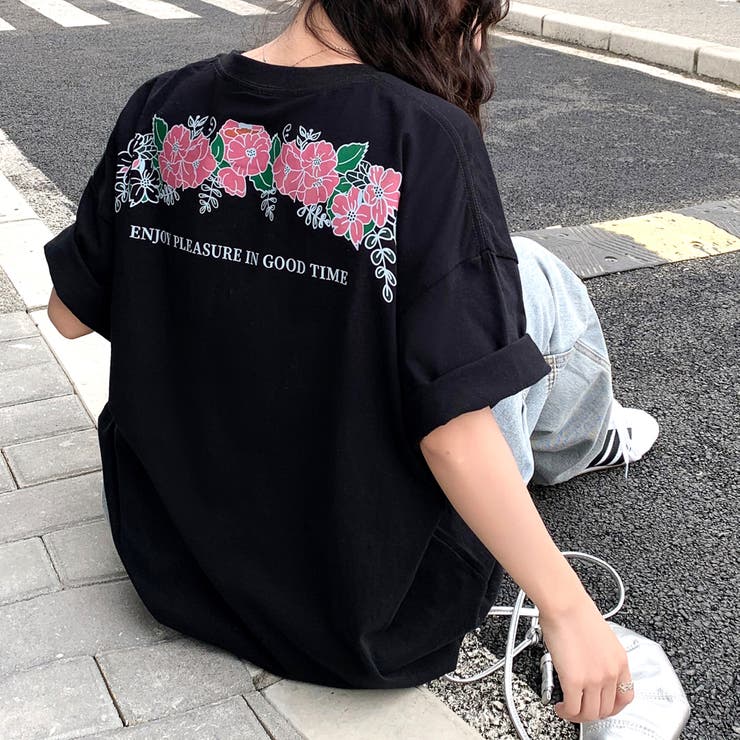 バックフラワーロゴプリントオーバーサイズTシャツ[品番