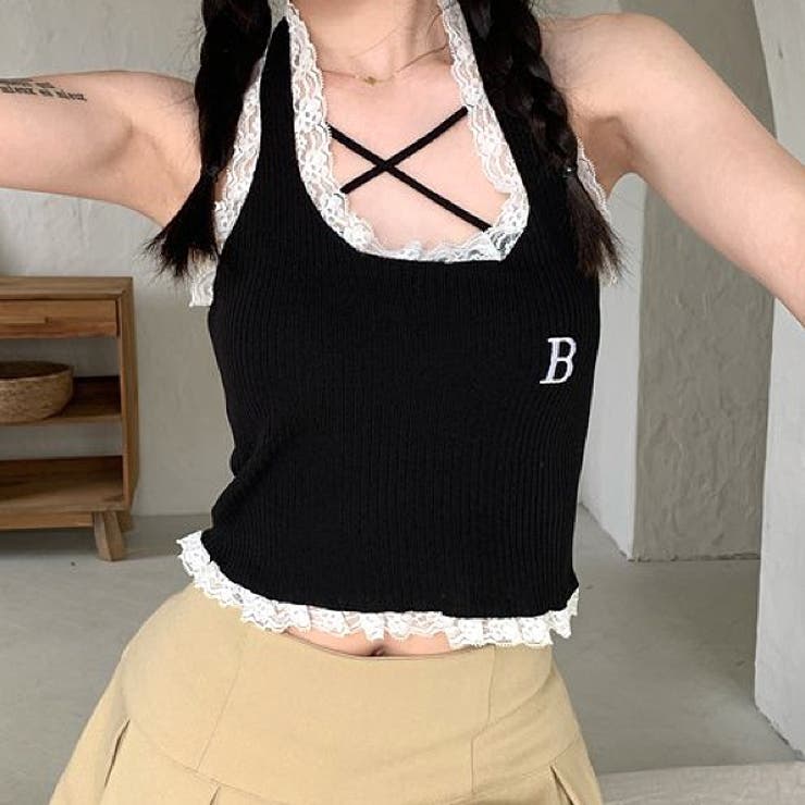 D&G♡ブラック♡タンクトップ ♡サイドレース 大きいサイズレディース トップス タンクトップ[品番：GJ000021006