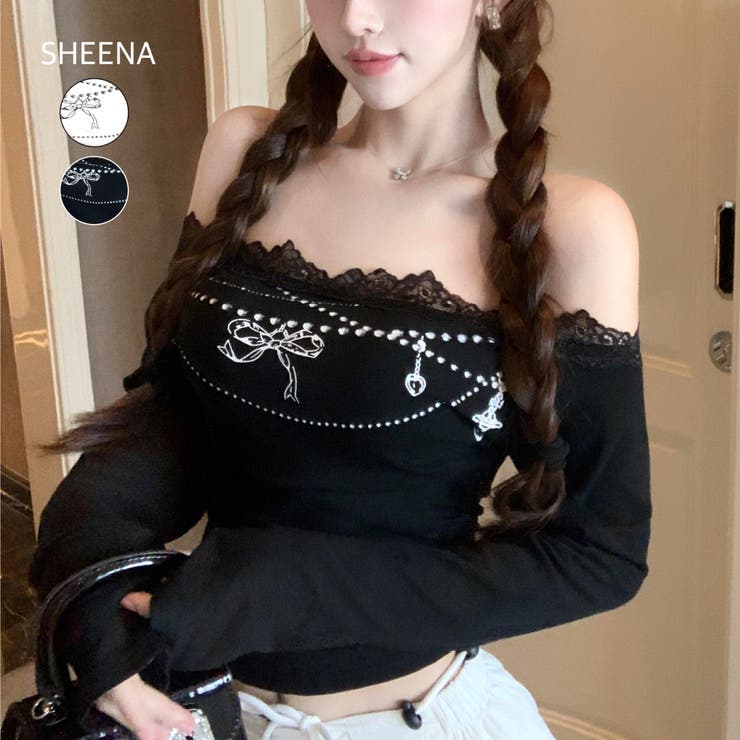 パッド付レースオフショルTOPS セール】【さらっとワッフル】ガールズ レース オフショルトップス（T