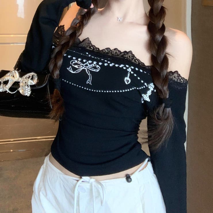 チャームデザインレースオフショルトップス[品番：SHNW0012399