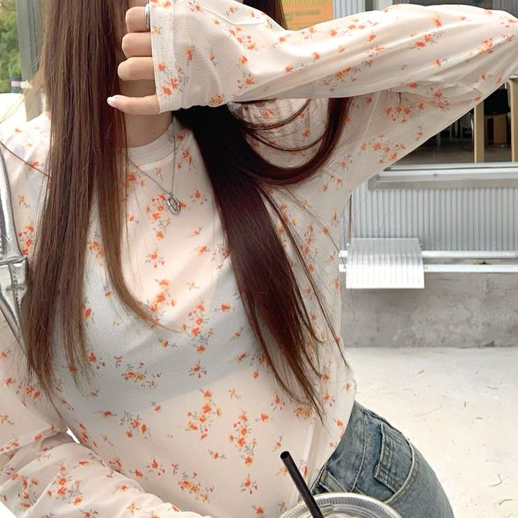 ライトオレンジ | 小花柄ストレッチシアートップス | SHEENA 