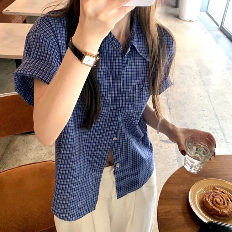 ワンポイント刺繍チェック柄半袖シャツ[品番：SHNW0012443]｜SHEENA