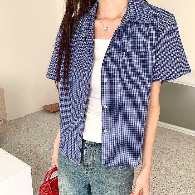 ワンポイント刺繍チェック柄半袖シャツ[品番：SHNW0012443]｜SHEENA