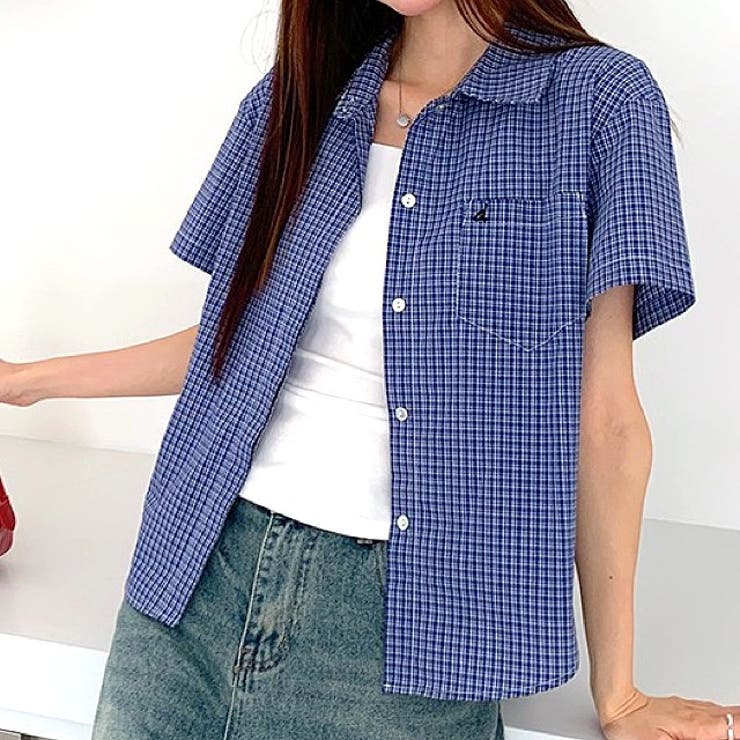 ワンポイント刺繍チェック柄半袖シャツ[品番：SHNW0012443