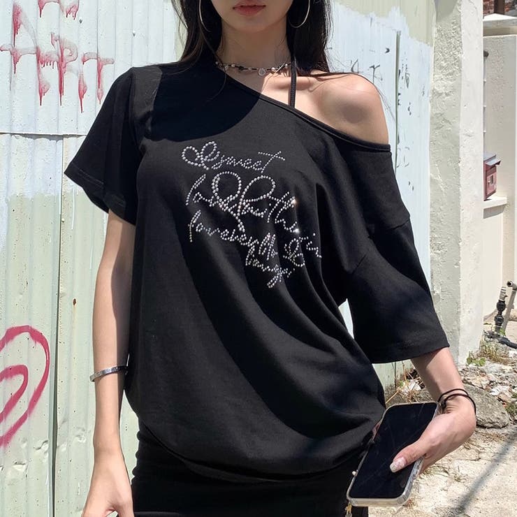 キラキラストーンロゴワイドネックTシャツ[品番：SHNW0012465