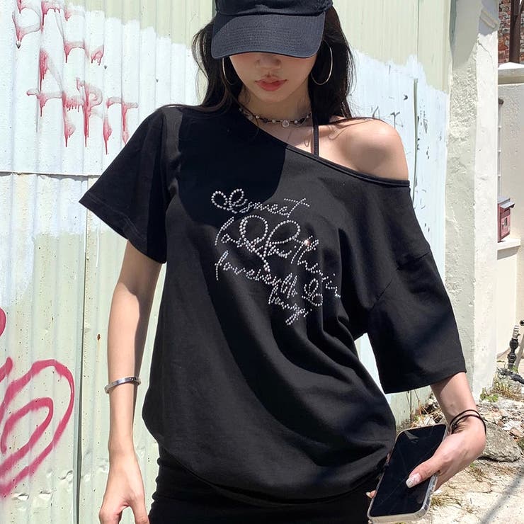 キラキラストーンロゴワイドネックTシャツ[品番：SHNW0012465]｜SHEENA