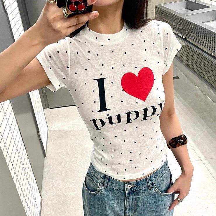 ホワイト | I love puppyロゴドットプリントTシャツ | SHEENA 