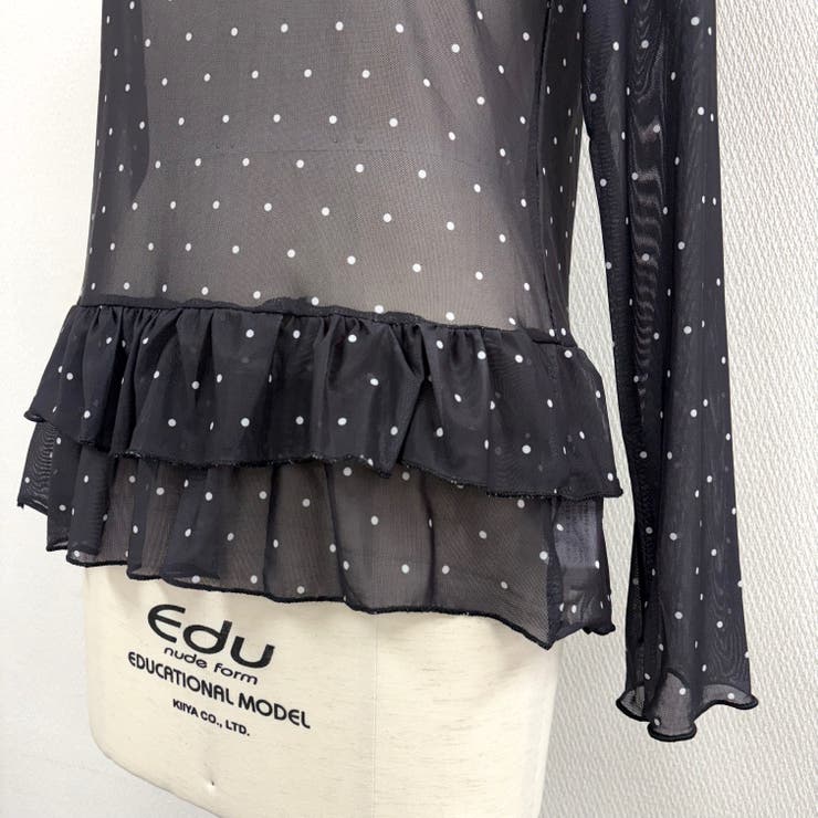 【NAOさま】シェリエ＊ステッチフリルトップス＊ブラック＊ドット NAOさま】シェリエ＊ステッチフリルトップス＊ブラック＊ドット