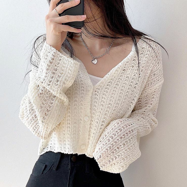 ゆったりスリーブ透かし編みニットカーディガン | SHEENA  | 詳細画像3 